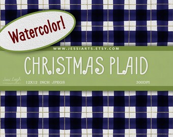 Watercolor Plaid Pattern Digital Paper | Blue Plaid Scrapbook Paper Digital | Printable Plaid Paper