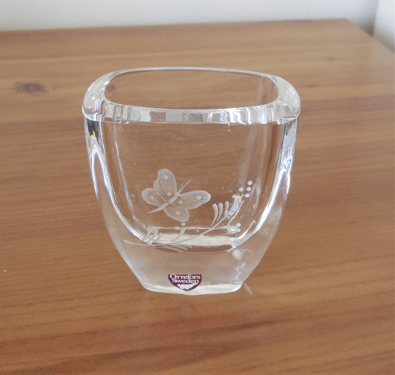 Orrefors Sweden Etched Crystal Small Vase With Butterfly Etsy