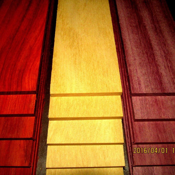 15 piezas de madera exótica Yellowheart, Purpleheart y Padauk, finas, de 12" x 3" x 1/4"