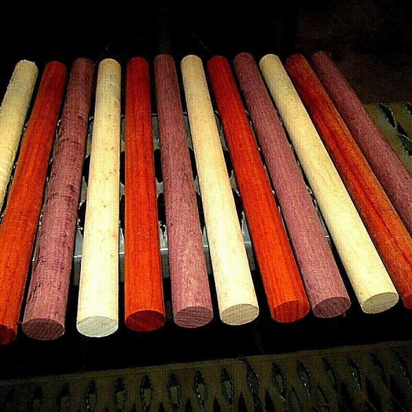 12 Pieces Exotic Purpleheart, Padauk & Hard Maple Round Dowels 12" X 15/16"