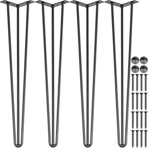 May include: Set of four black hairpin table legs with mounting plates, screws, and protective ball feet. The legs are made of steel and have a sleek, modern design. Ideal for DIY furniture projects.