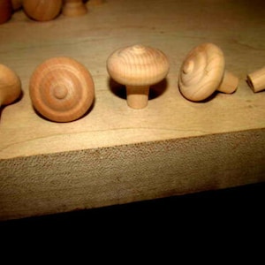 May include: A collection of five unfinished wooden knobs, each with a mushroom-like shape. The knobs are light brown and appear to be made from a hardwood. The knobs are arranged on a light brown wooden surface.