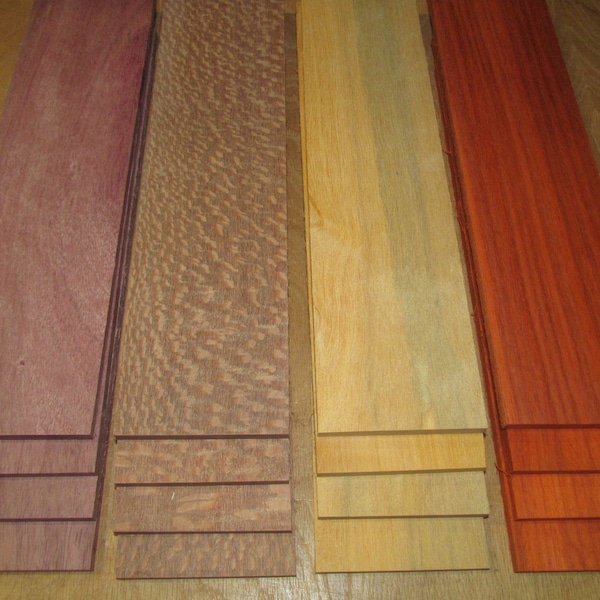 16 piezas finas exóticas de corazón púrpura, madera de leopardo, limonaballi y palo de rosa (30,5 x 7,6 x 0,6 cm)