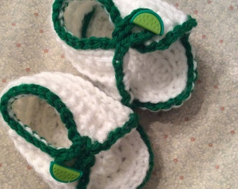 BABY BOOTIES or SANDALS White and Green with Buttons