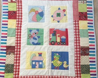 BABY or  CHILDREN'S QUILT, Cotton, Gingham, check, 36” x 38”  animals, train, house multi-color