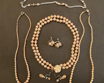 CHAMPAGNE PEARL NECKLACES  & Screw On Earrings Collection