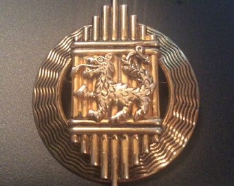 HERALDIC LION PIN or Brooch Art Deco Gold tone Vintage