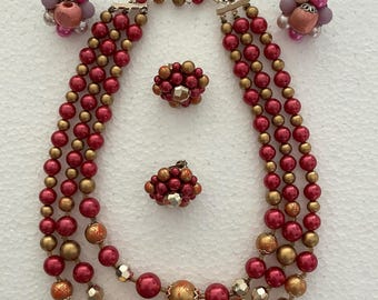 VINTAGE BEADED NECKLACE, Matching Clip-on Earrings and Bonus Clip-ons