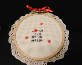 Embroidery "Love To A Special Person" Red Hearts Black Lettering and Red Bow with Hoop and Lace Trim