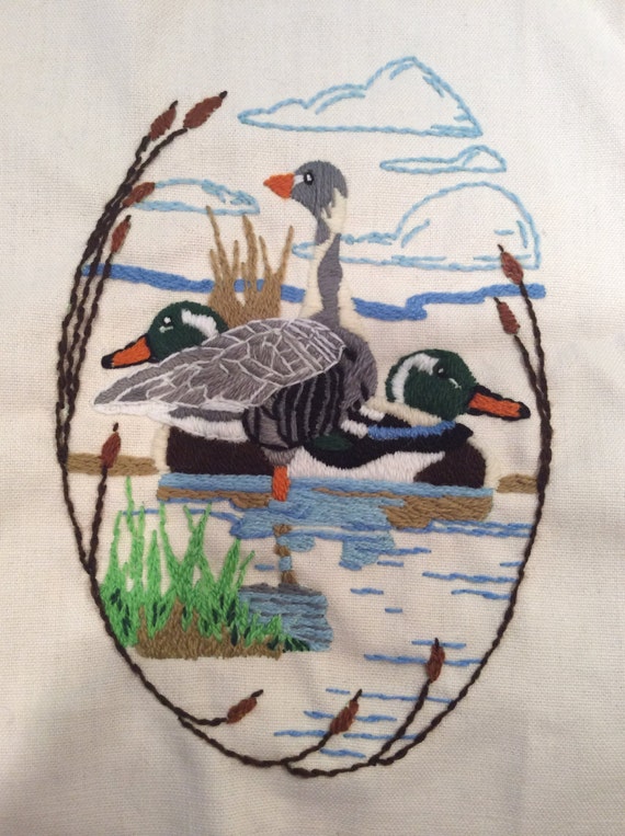 Duck Pond & Cattails Crewel Embroidery 8x10 FREE  SHIPPING