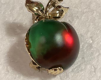 APPLE PIN or BROOCH Red and Green Moonstone with Gold Leaves