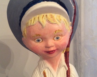 DUTCH BOY With FISH Figurine Painted Plaster