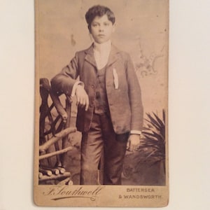 CARTE de VISITE, CDV or Cabinet Card Boy in Suit with wooden chair, Victorian  England. Black & white or sepia