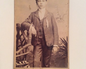 CARTE de VISITE, CDV or Cabinet Card Boy in Suit with wooden chair, Victorian  England. Black & white or sepia