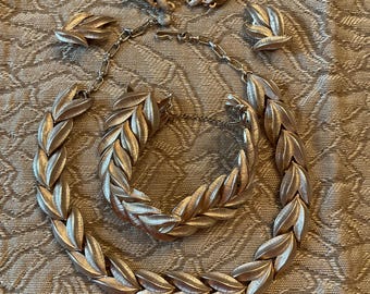 GOLD DOUBLE LEAF Jewelry Set-Necklace,  Bracelet, Clip-On Earrings 2 Pairs
