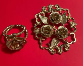 PENDANT & RING Matching SET Gold Roses Florentine Vintage