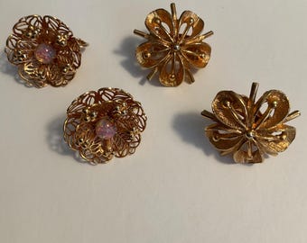 TWO PAIRS EARRINGS Clip-on Gold Tone Vintage Floral Theme