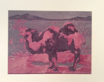 CAMEL WATERCOLOR PRINT Gum Bichromate Photo Mounted Matted Pinks Violets 11x14
