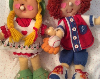 PUFFKINS FELT DOLLS, Girl with Lollipop or Boy with baseball, vintage Handmade, Heidi and Slugger Ben