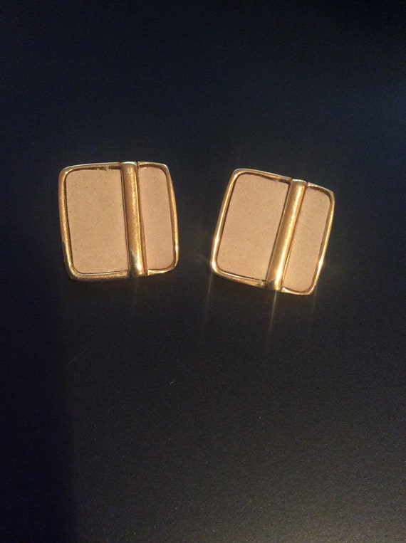 BERGERE CLIP ON Earrings Tan and Gold Square Buckl