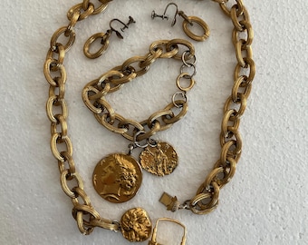 JEWELRY SET NECKLACE, Bracelet,  Clip-on Earrings, Chunky Ring size 7