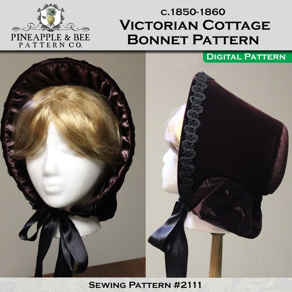 Bonnet de style cottage victorien des années 1850-1860, modèle de couture PDF numérique / modèle historique de bonnet cuillère à bord bas de la guerre de Sécession du XIXe siècle