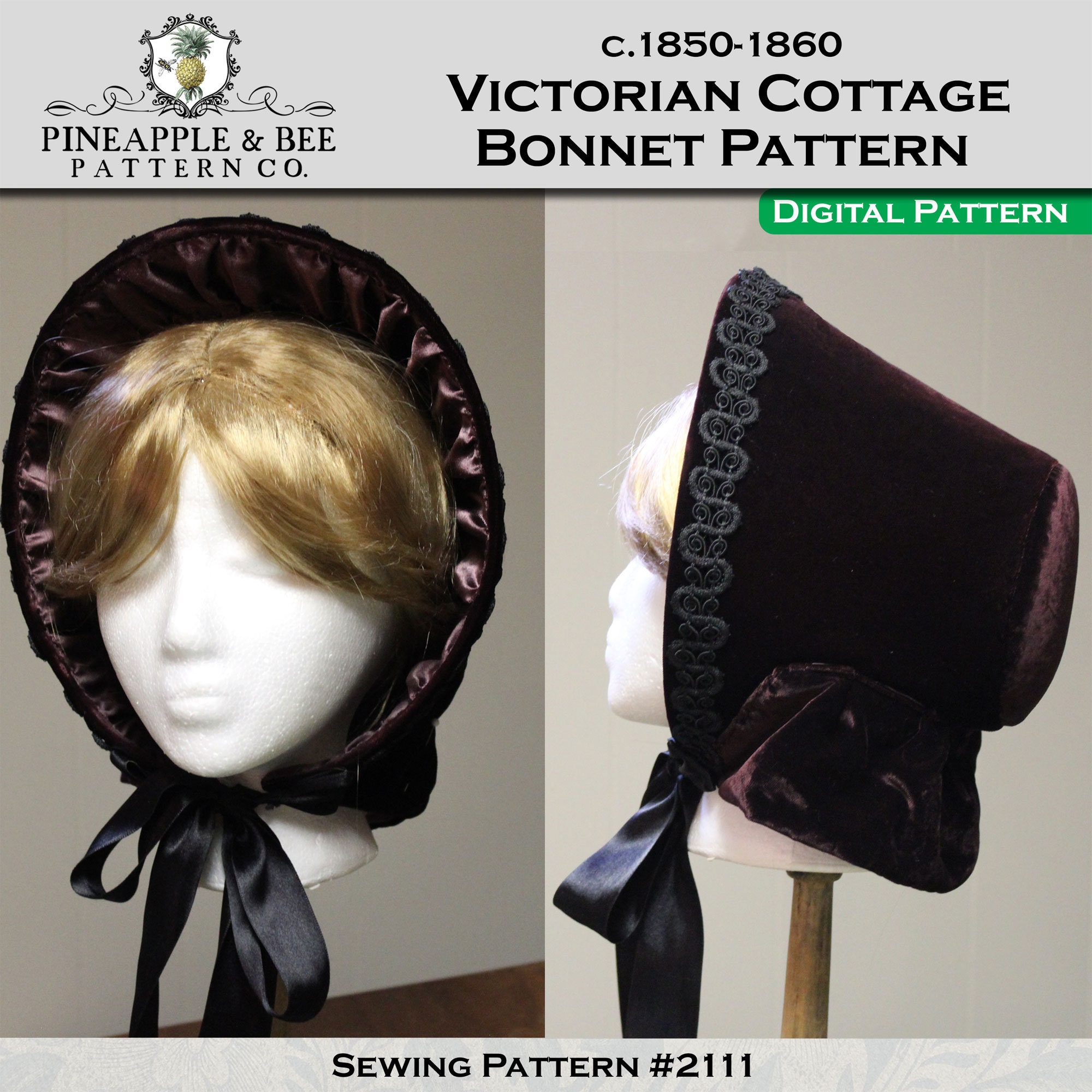 1850s 1860's Victorian Cottage Bonnet, DIGITAL PDF Sewing Pattern