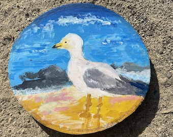 Seagull wood slice painting