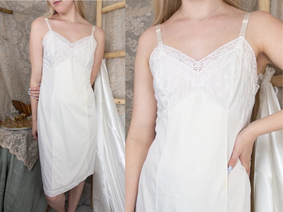 Vintage Sears Slip 70s Nylon Ivory Slip Dress Embroidered Slip 