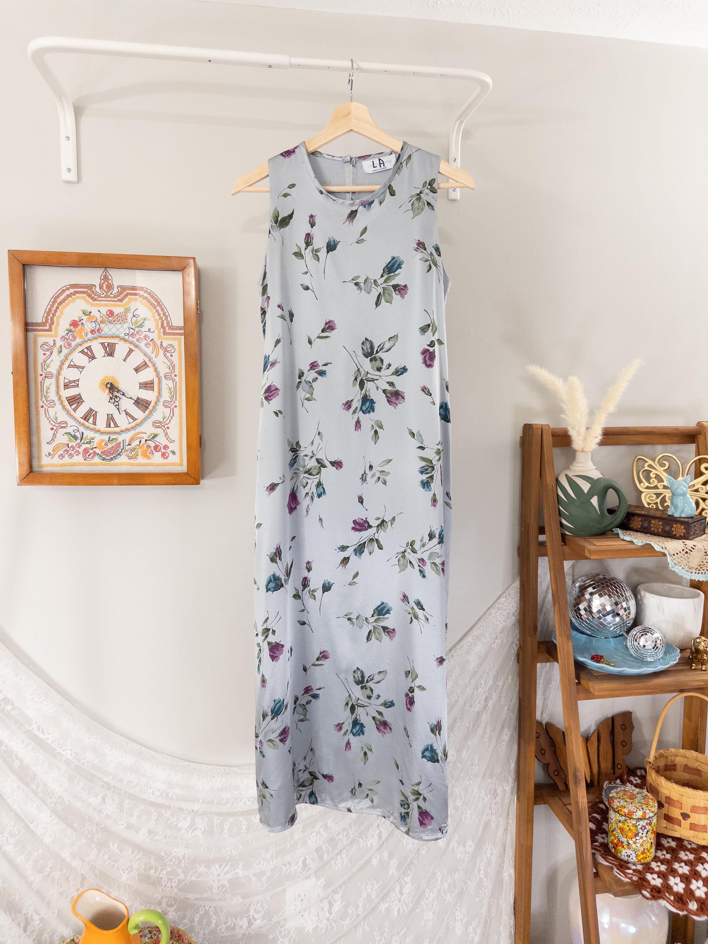 Vintage Y2k Satin Floral Maxi Dress Sleeveless Gray Silver Dress Flowy Grunge Flowers Leaves Moody Forest Fairy vtg 1990s Los Angeles Gal