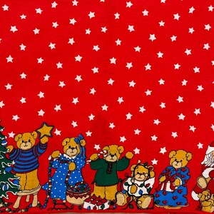 May include: Red fabric with a pattern of white stars and a border of Christmas bears. The bears are dressed in festive outfits, some holding gifts, and others decorating a Christmas tree. Santa Claus is also present.