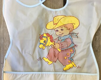 Vintage Cowboy Baby Bib, 1970s Plastic Bib, Crumb Catcher Pocket
