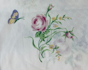 Vintage Martex Atelier Pastel Floral Sheet, King Flat, 1980s, Delicate Pastel pink Roses with Butterflies on White, Percale, Free Shipping