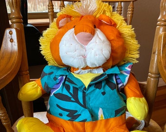 Vintage Puffalump Lion in Hawaiian Shirt, 1987, Soft Stuffed Nylon, 18in Tall, Yarn Mane and Tale Tuft