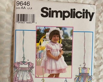 Vintage Simplicity 9646 Classic Little Girl's Dress With Smocked Pinafore,Sunsuit With Matching Bloomers, Sizes AA (1-2), BB (2,3,4),