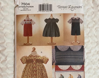 Vintage Vogue 7504, Smocked Dress or Overalls and Shirt Pattern by Teresa Layman, Includes Sizes 1-4, Smocking Transfer Included, New/Uncut