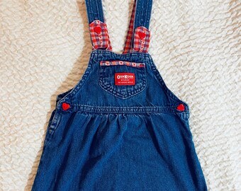 Vintage OshKosh Girl's Blue Denim and Red-White-Heart Check Flannel Overall Jumper, Size 5, Heart Button Straps-Sides, Back Bow, USA, 1980s