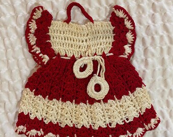 Vintage Crochet Dress Potholder, Vintage Handmade,Red and Beige, Cotton Crochet Decorative Potholder, 6.5in tall, 1960s, Granny Chic Kitchen