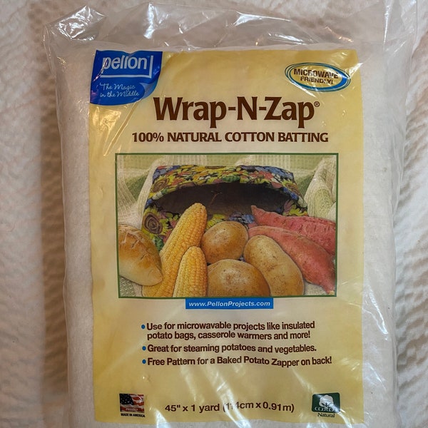 New in Package**Pellon 100% Cotton Batting, 1yd x 45in Package, Wrap-n-Zap, Microwavable Project Batting, Pattern for Baked Potato Bag