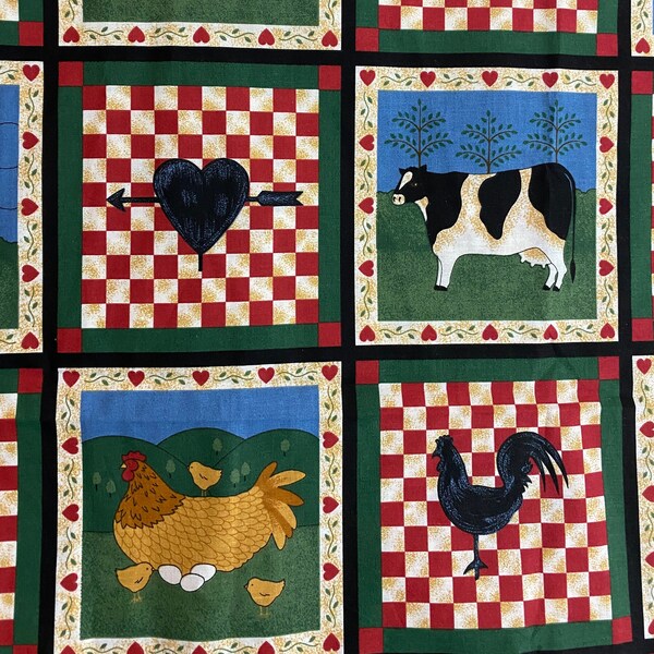 Vintage  Country Faux Quilt Fabric, Sold by the yard x 45in wide,Country Animal 6.75in Squares, Red Checks with Weather Vanes, Cotton Fabric