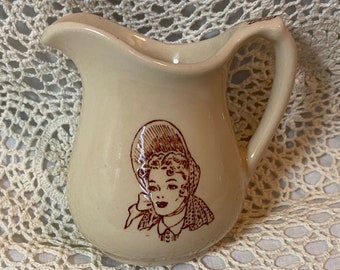 RARE**Vintage Westward Ho, Pioneer Trails 4 Series Cream Pitcher, 1949, Restaurant Ware, Tan with Brown, Images of Lady/Gent Pioneer, 3.75in