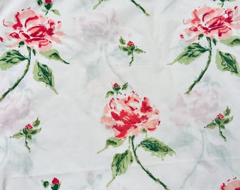 Vintage Sears Watercolor Rose Print, Twin Flat Sheet, 1970s Large Scale Red Rose on White, Percale