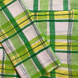 Vintage Green-Yellow-White Plaid Sheet Set, Anita Wagenvoord Retro Plaid Twin Flat Sheet, 2 Standard Pillowcases, Burlington House, 1970s