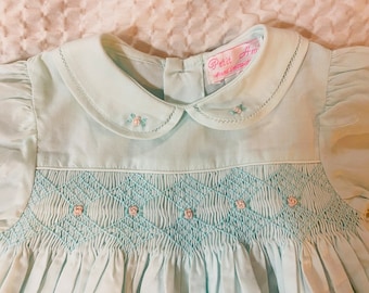 Vintage Petit Ami Smocked Romper, Size 6mo, Pale Robin's Egg Blue Short Romper, Blue Smocking with Pink Flowers, Bubble Style Classic Romper