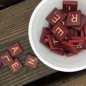 Red Deluxe Scrabble Tiles, Dark Red Tiles With Gold Letters, Set of 25, Picked Randomly or Your Choice of Letters.