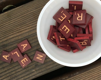 Red Deluxe Scrabble Tiles, Dark Red Tiles With Gold Letters, Set of 25, Picked Randomly or Your Choice of Letters.