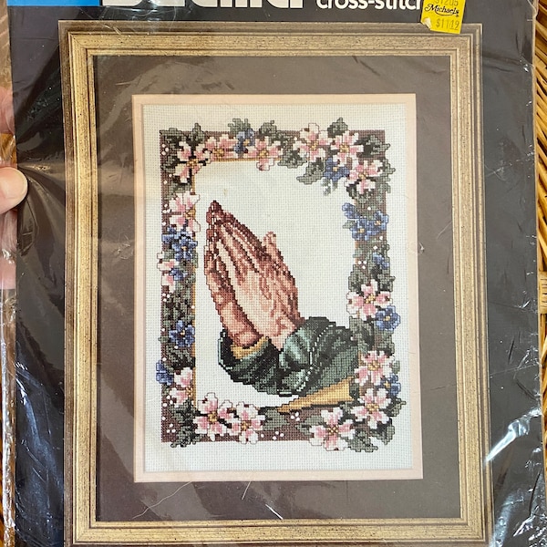 Vintage Bucilla "Praying Hands" Counted Cross Stitch Kit, 9in x 12in, 1989, Worked on 14 count Aida Cloth, Praying Hands with Dogwood Border