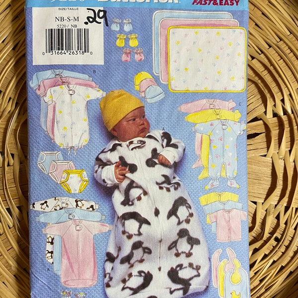 Vintage Butterick 5220, Fast and Easy, Baby Layette Pattern, Size NB-S-M, Sleeper, Nightgown, Diaper Cover, Blanket,Shirt, Bib, Bunting, Cap