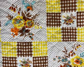 Vintage 1970s Yellow and Brown Patchwork Quilted Bedspread, Twin Size, Gingham, Polka Dots, Orange, Gold, Blue FlowersFlowers,