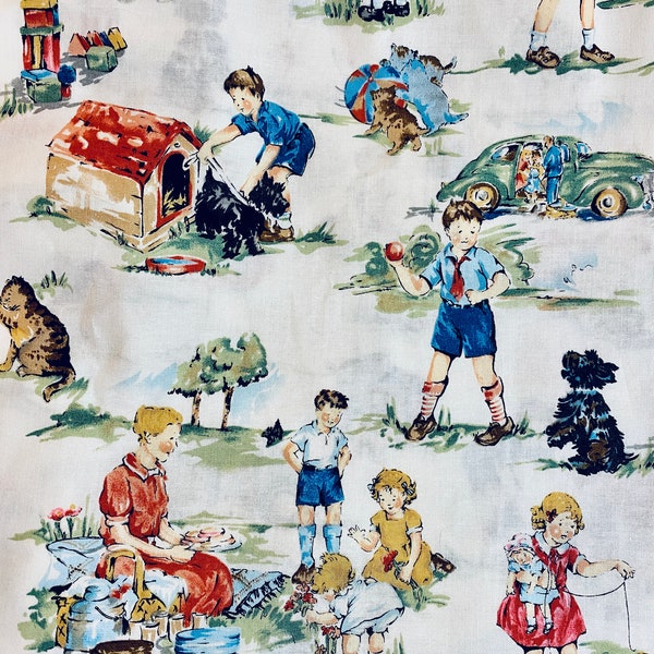 RARE**Vintage "Vintage Kids" Alexander Henry Fabrics, Cotton, Dick and Jane Style by Nicole DeLeon, 1996, BTHY and FQ, Off White Background